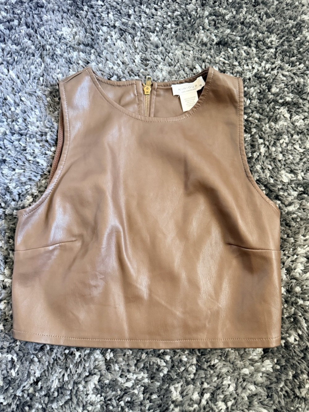 Sleeveless Faux Leather Cropped Tank Top in Brown Taupe